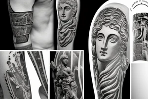 Apollo Greek statue surrounded by filigri tattoo idea