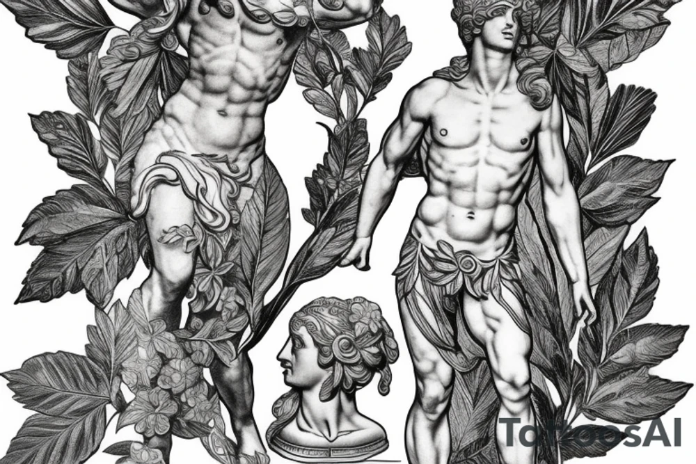 Apollo Greek god statue, filigree leaves tattoo idea