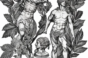 Apollo Greek god statue, filigree leaves tattoo idea