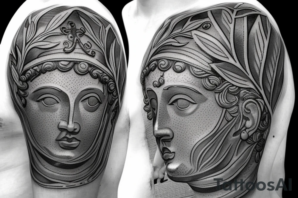 Ancient Greek god statue, filigree, leaves tattoo idea