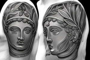 Ancient Greek god statue, filigree, leaves tattoo idea