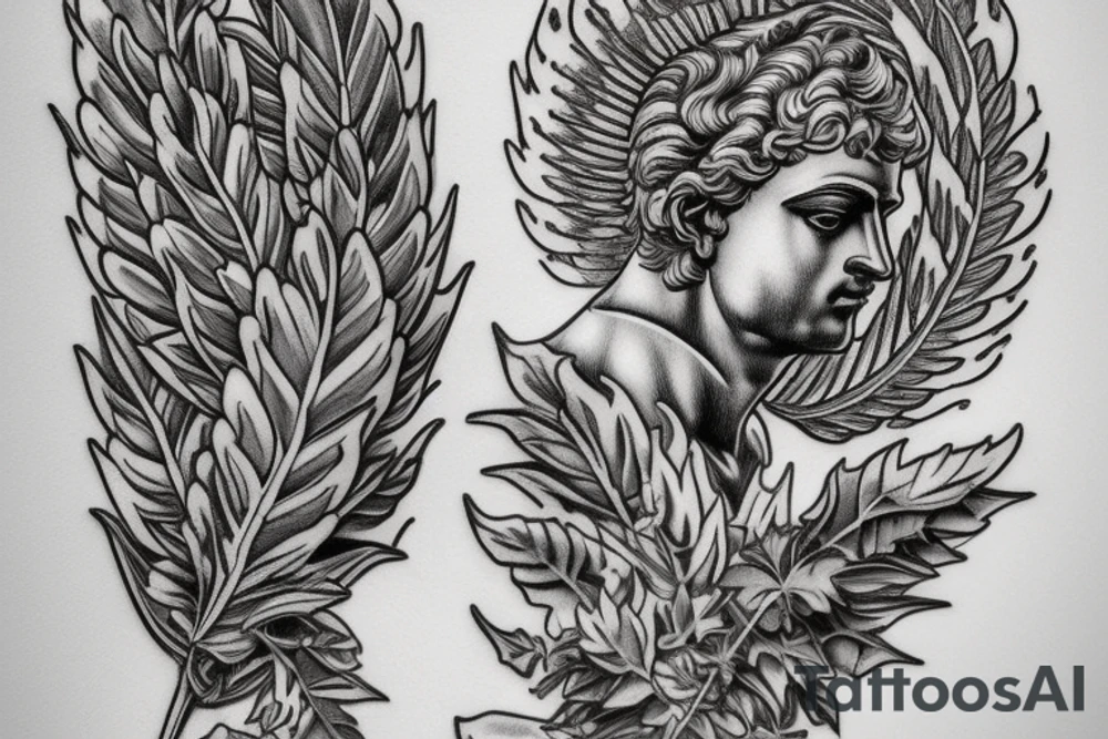 Ancient Greek god statue, filigree, leaves tattoo idea