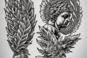 Ancient Greek god statue, filigree, leaves tattoo idea