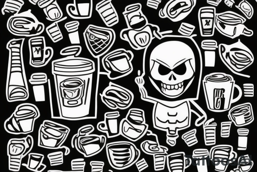 Skeleton with hoodie drinking coffee tattoo idea