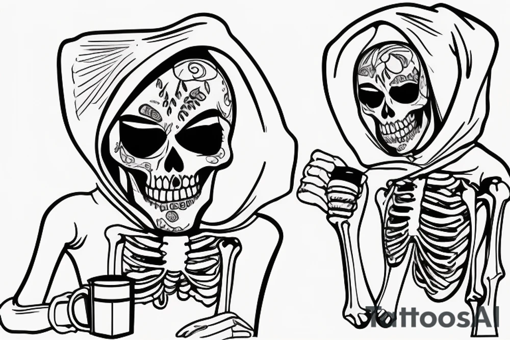 Skeleton with hoodie drinking coffee tattoo idea