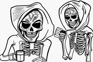 Skeleton with hoodie drinking coffee tattoo idea