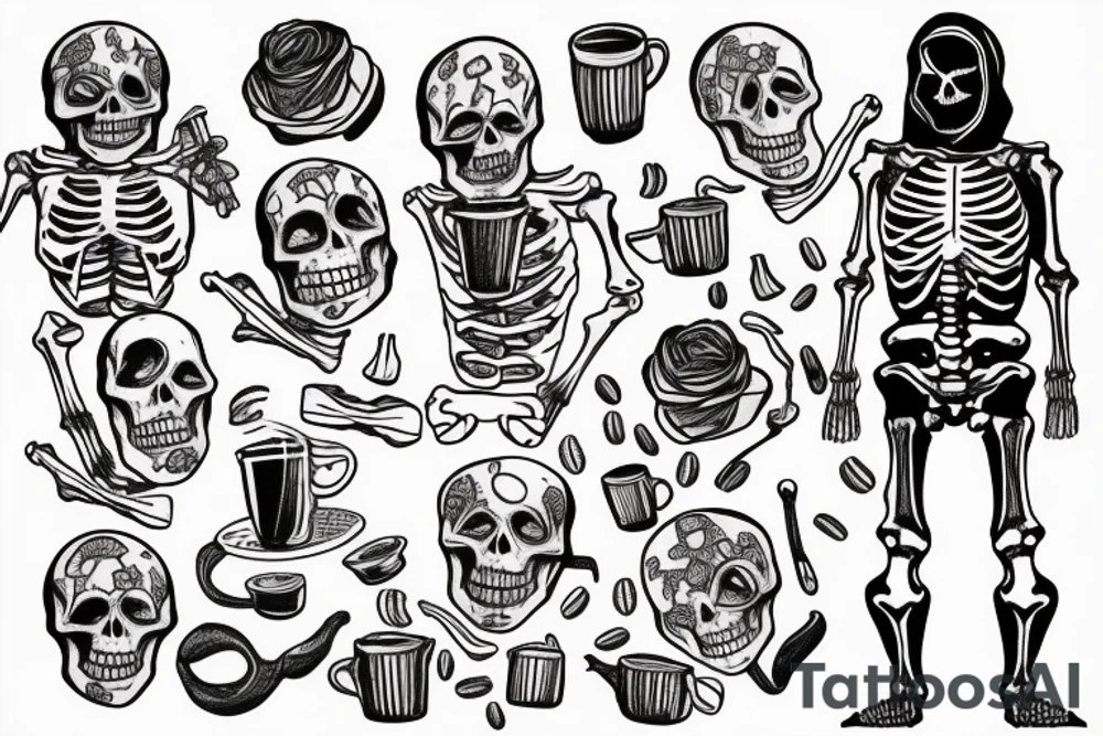 Skeleton with hoodie drinking coffee tattoo idea