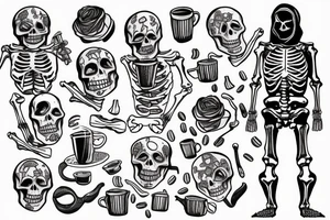 Skeleton with hoodie drinking coffee tattoo idea