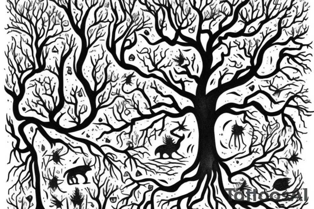 dead forest that comes to life the upper part of trees are alive and create the background for the rest of tattoo. above there are 2 cats, dices and playing cards. tattoo idea