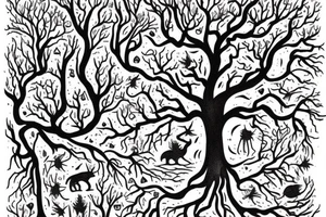 dead forest that comes to life the upper part of trees are alive and create the background for the rest of tattoo. above there are 2 cats, dices and playing cards. tattoo idea