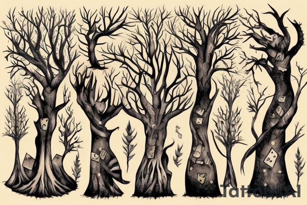 dead forest that comes to life the upper part of trees are alive and create the background for the rest of tattoo. above there are 2 cats, dices and playing cards. tattoo idea