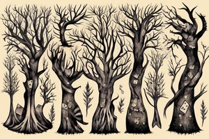 dead forest that comes to life the upper part of trees are alive and create the background for the rest of tattoo. above there are 2 cats, dices and playing cards. tattoo idea