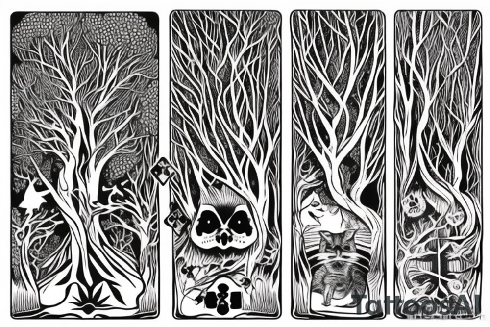 dead forest that comes to life the upper part of trees are alive and create the background for the rest of tattoo. above there are 2 cats, dices and playing cards. tattoo idea