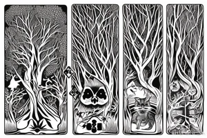 dead forest that comes to life the upper part of trees are alive and create the background for the rest of tattoo. above there are 2 cats, dices and playing cards. tattoo idea