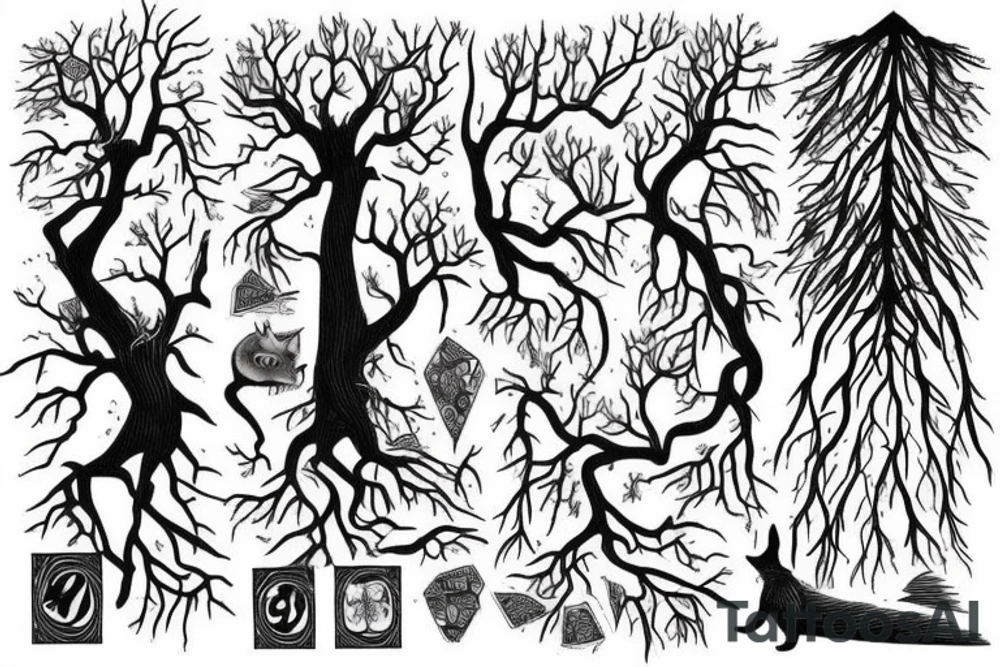 dead forest that comes to life the upper part of trees are alive and create the background for the rest of tattoo. above there are 2 cats, dices and playing cards. tattoo idea