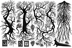 dead forest that comes to life the upper part of trees are alive and create the background for the rest of tattoo. above there are 2 cats, dices and playing cards. tattoo idea