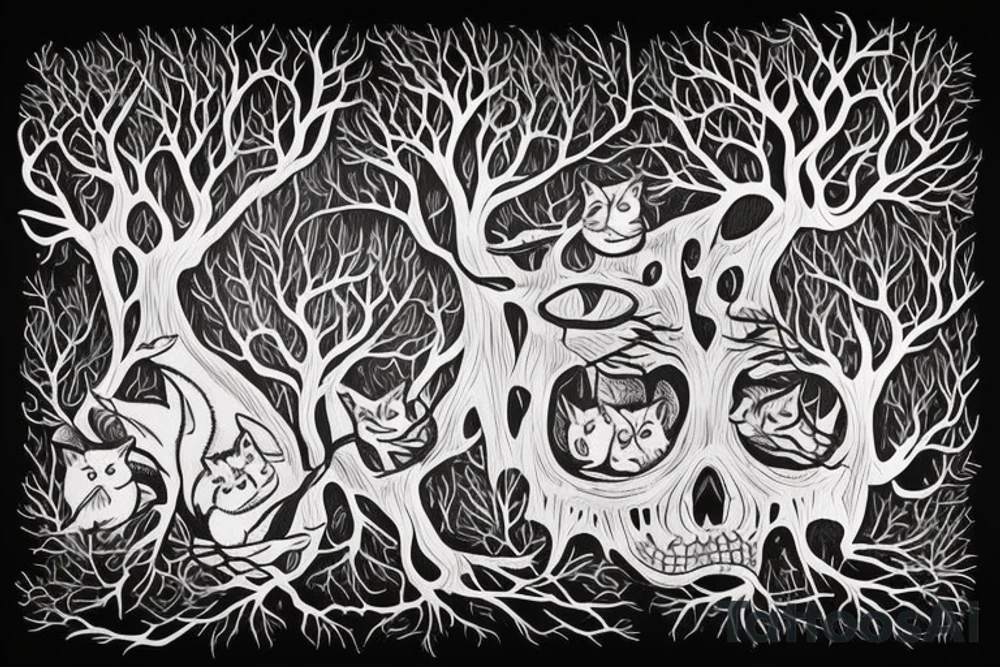 dead forest that comes to life the upper part of trees are alive and create the background for the rest of tattoo. above there are 2 cats, dices and playing cards. tattoo idea
