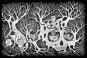 dead forest that comes to life the upper part of trees are alive and create the background for the rest of tattoo. above there are 2 cats, dices and playing cards. tattoo idea