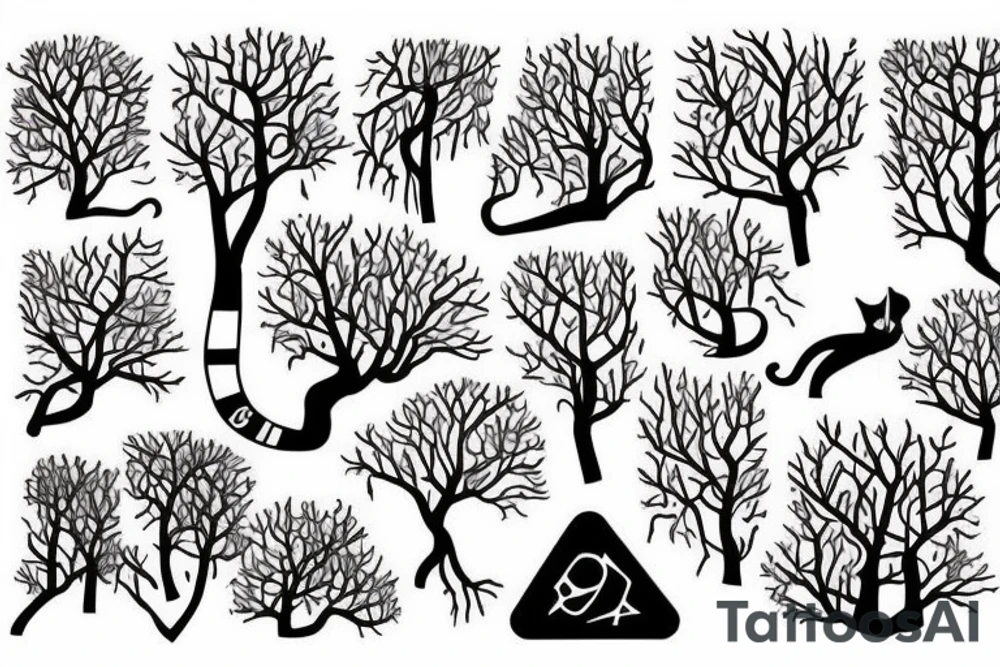 dead forest that comes to life the upper part of trees are alive and create the background for the rest of tattoo. above there are 2 cats, dices and playing cards. tattoo idea