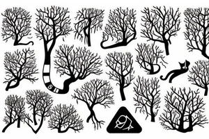 dead forest that comes to life the upper part of trees are alive and create the background for the rest of tattoo. above there are 2 cats, dices and playing cards. tattoo idea
