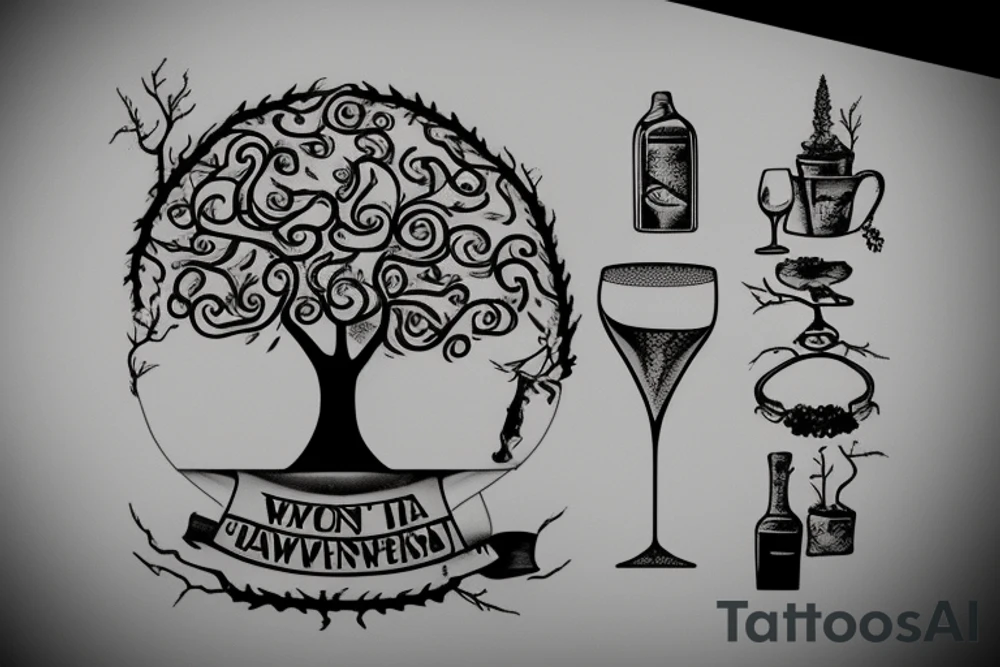 A wine glass that has a tree growing in it and the objects take shape as their own respective nouns tattoo idea