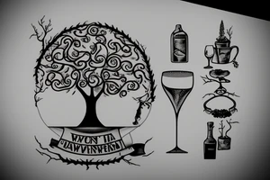 A wine glass that has a tree growing in it and the objects take shape as their own respective nouns tattoo idea