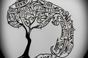 A wine glass that has a tree growing in it and the objects take shape as their own respective nouns tattoo idea