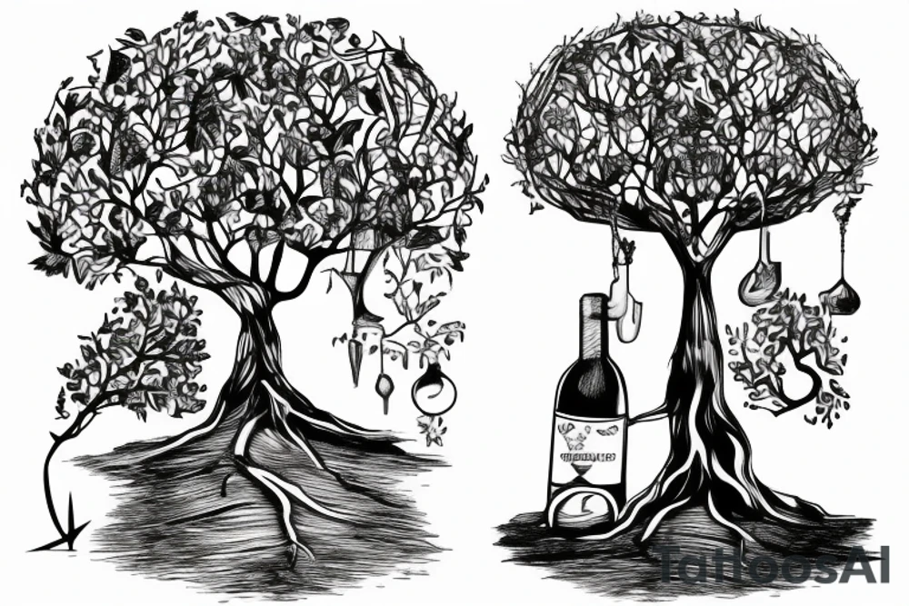 A wine glass that has a tree growing in it and the objects take shape as their own respective nouns tattoo idea