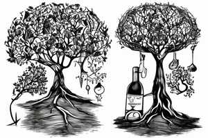 A wine glass that has a tree growing in it and the objects take shape as their own respective nouns tattoo idea