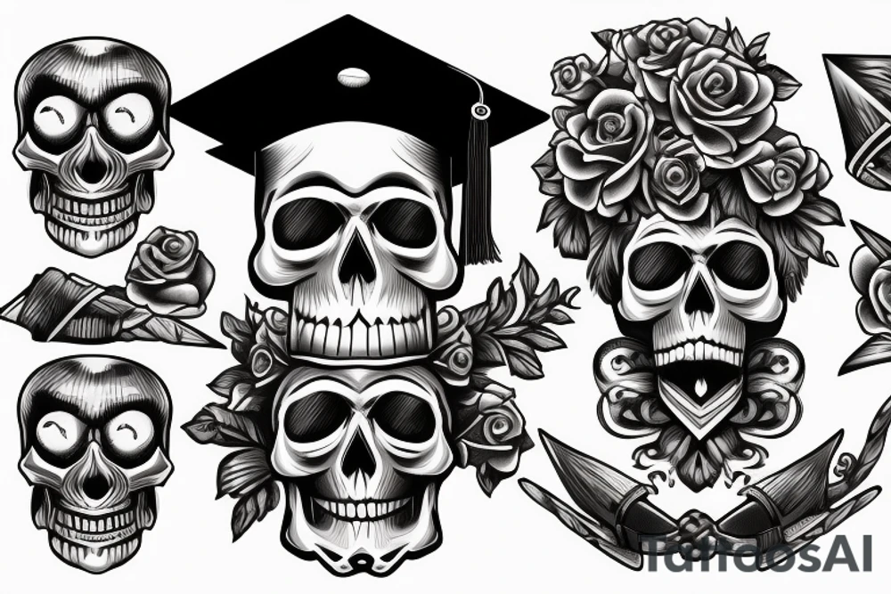 skull in graduation cap with dagger tattoo idea