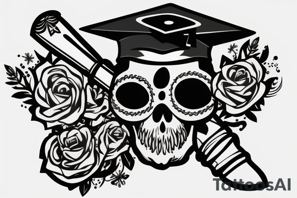 skull in graduation cap with dagger through eye tattoo idea