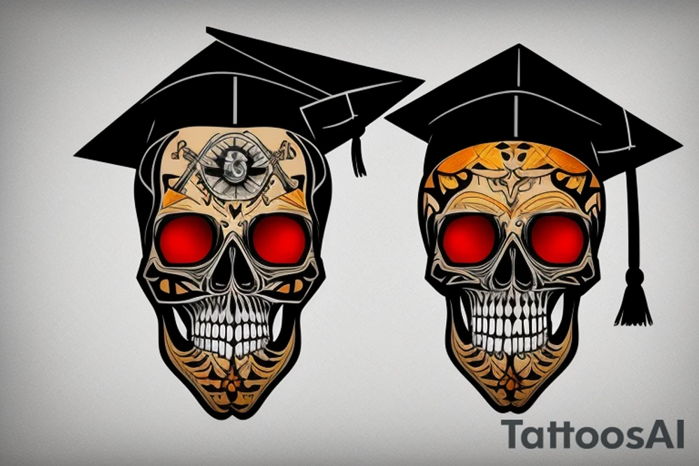 skull in graduation cap with dagger through eye tattoo idea