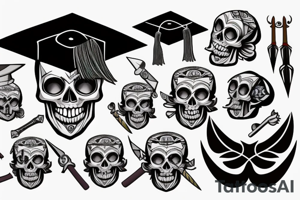 skull in graduation cap with dagger through eye tattoo idea