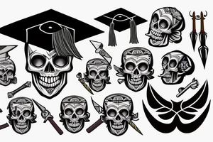 skull in graduation cap with dagger through eye tattoo idea