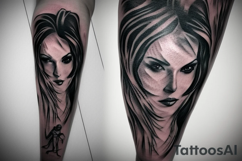 Woman veil sword tattoo idea