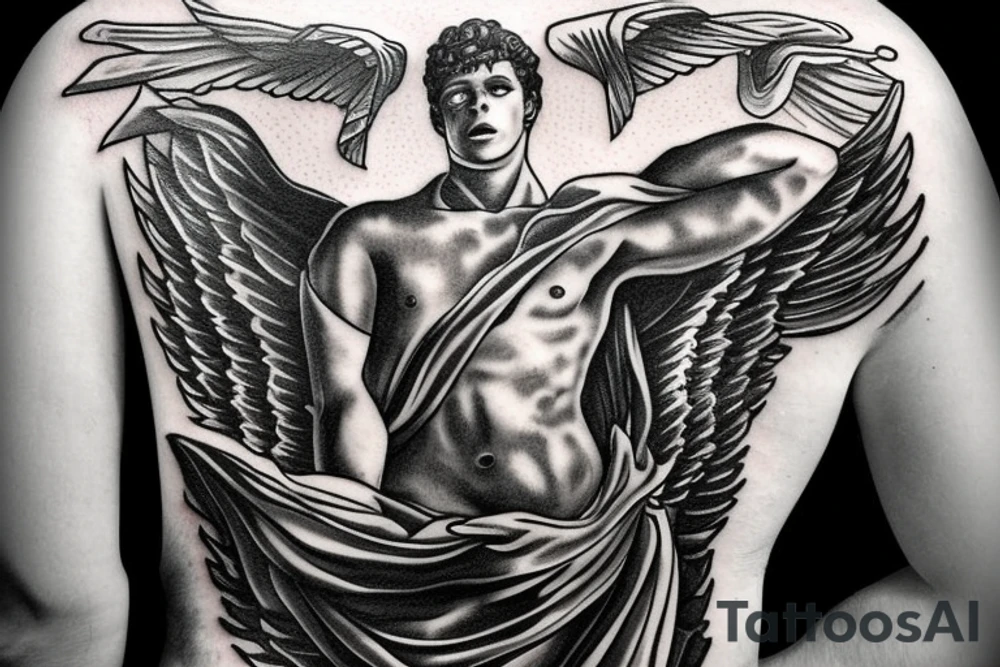 Michael the Arch Angel holding a flaming sword in the clouds tattoo idea