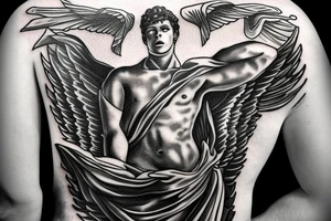 Michael the Arch Angel holding a flaming sword in the clouds tattoo idea