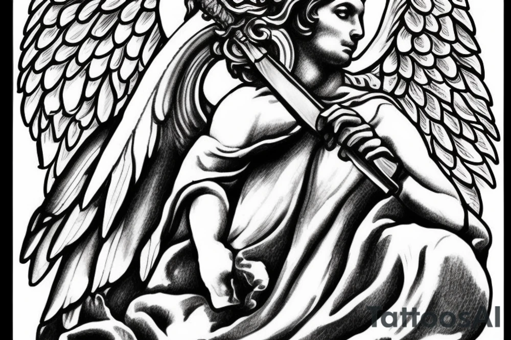 Michael the Arch Angel holding a flaming sword in the clouds tattoo idea