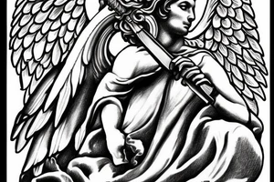 Michael the Arch Angel holding a flaming sword in the clouds tattoo idea