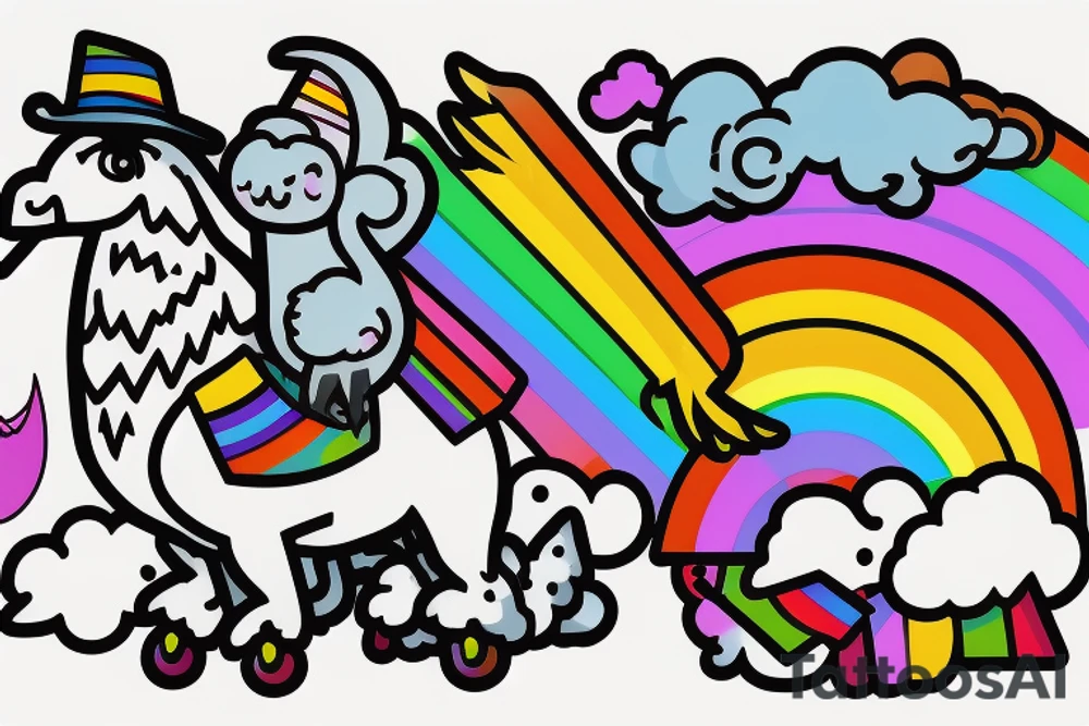 A flying llama with a wizard hat and a rainbow following it like Nyan cat tattoo idea