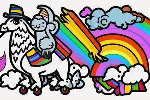 A flying llama with a wizard hat and a rainbow following it like Nyan cat tattoo idea