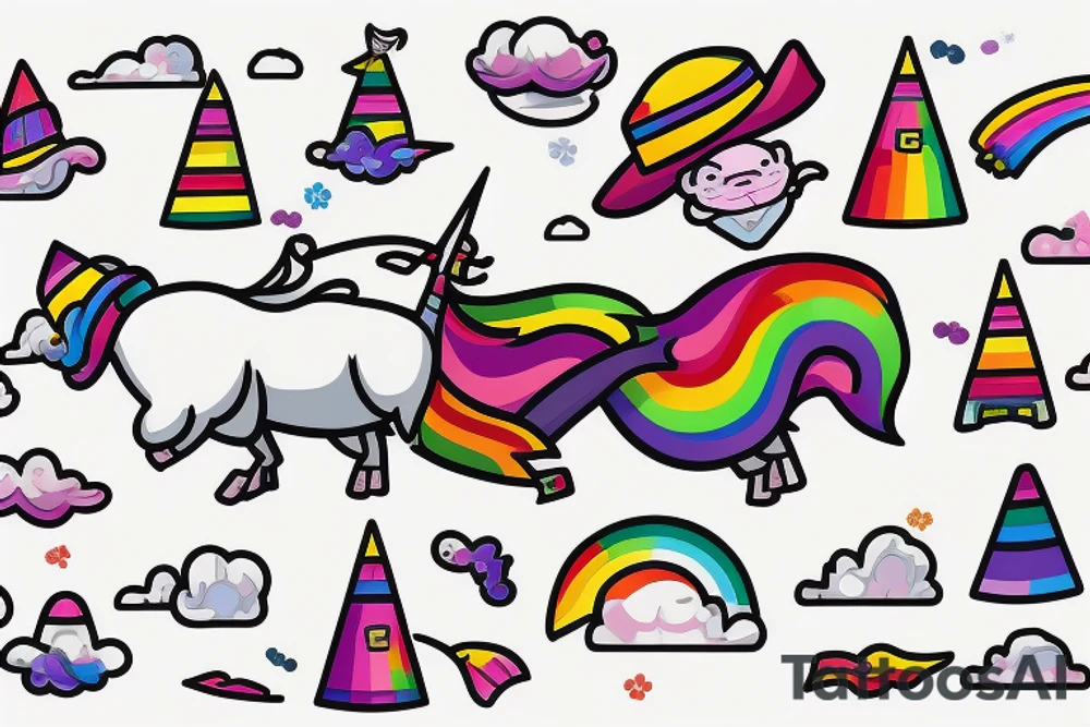 A flying llama with a wizard hat and a rainbow following it like Nyan cat tattoo idea