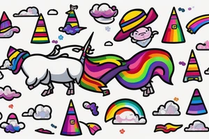 A flying llama with a wizard hat and a rainbow following it like Nyan cat tattoo idea