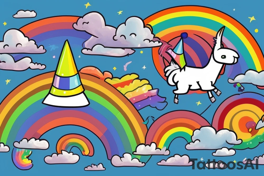 A flying llama with a wizard hat and a rainbow following it like Nyan cat tattoo idea