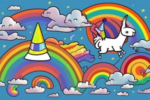 A flying llama with a wizard hat and a rainbow following it like Nyan cat tattoo idea