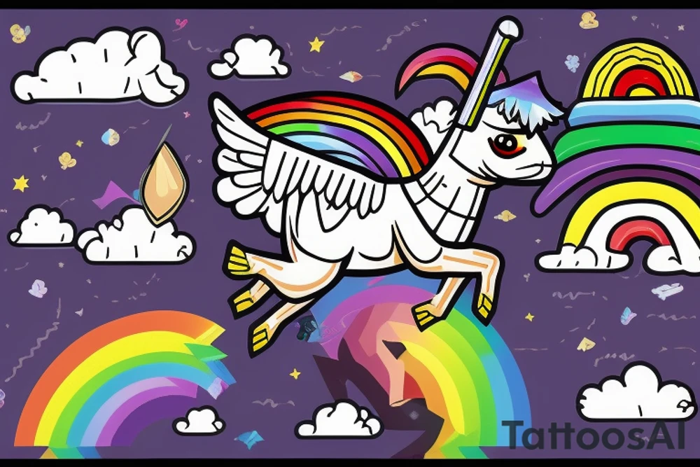 A flying llama with a wizard hat and a rainbow following it like Nyan cat tattoo idea