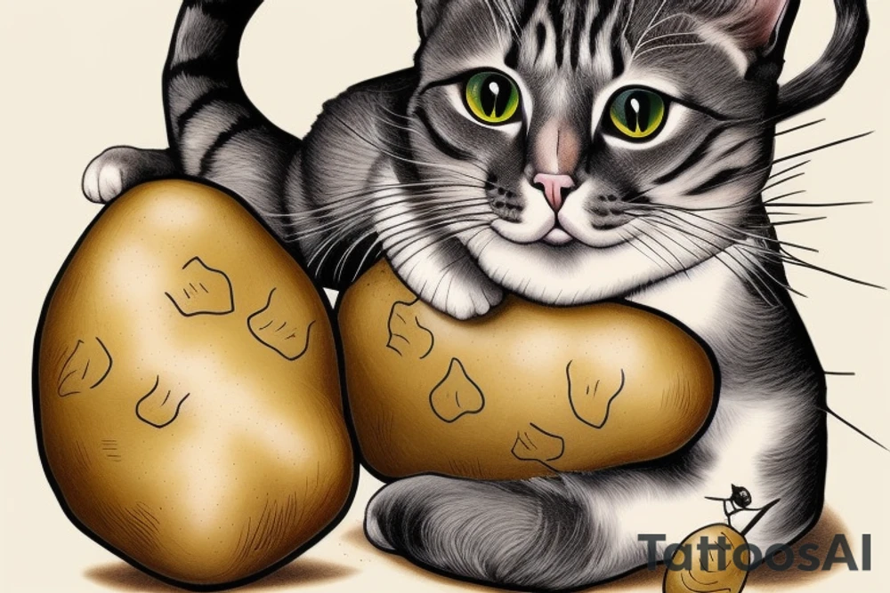 A cat sitting on a potato two times it's size tattoo idea