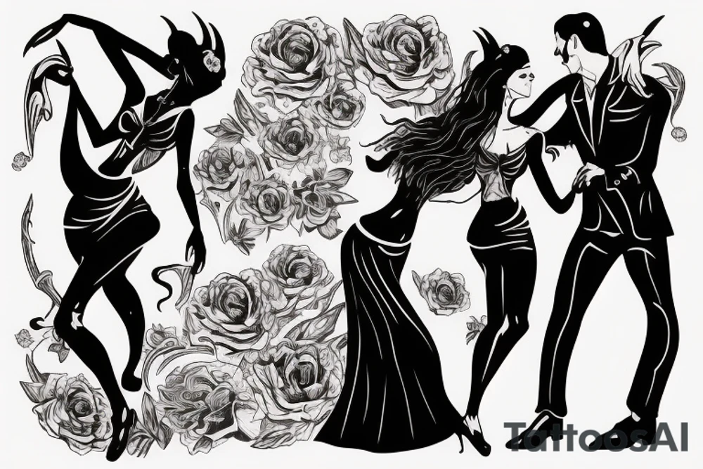 Devil dancing with a Spanish woman who is wearing a flamenco dress tattoo idea