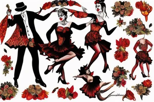 Devil dancing with a Spanish woman who is wearing a flamenco dress tattoo idea