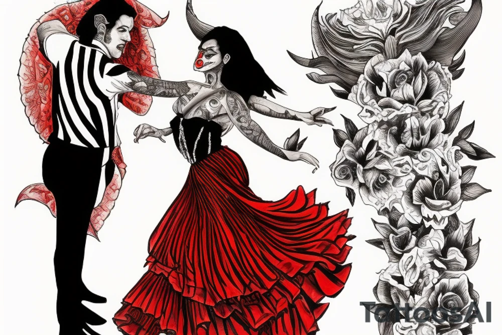 Devil dancing with a Spanish woman who is wearing a flamenco dress tattoo idea